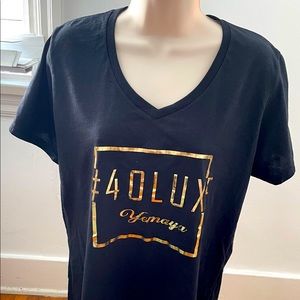 # 40 Luxe Yemaya black gold writing V-neck one of a kind T-shirt size L casual